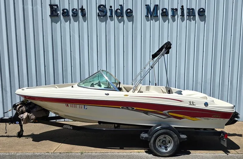 Slide: The Image of 2003 Sea Ray 176 SRX BR boat on trailer at East Side Marine. - 0