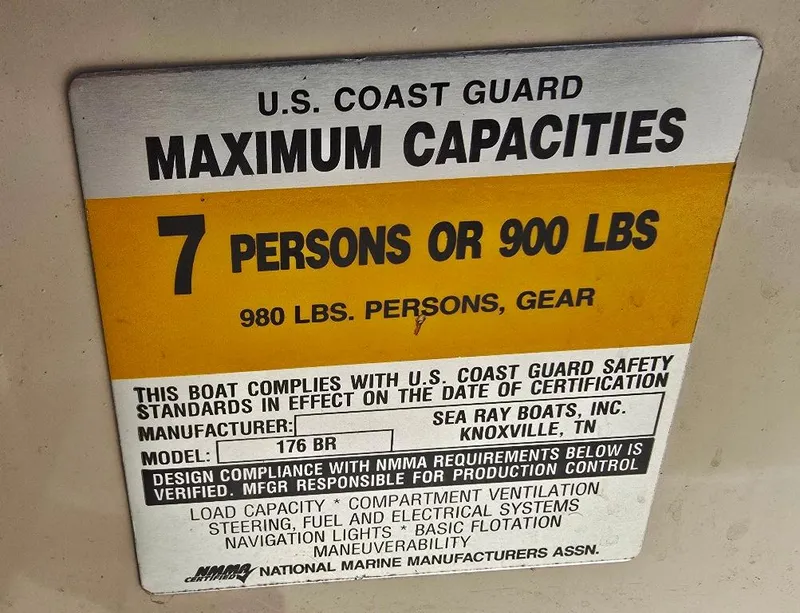 Slide: The Image of U.S. Coast Guard capacity label for 2003 Sea Ray 176 SRX BR, 7 persons or 900 lbs. - 15
