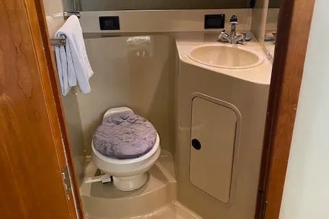 Slide: The Image of 2003 Cruisers Yachts 3750 Motoryacht bathroom with toilet, sink, and towel. - 46
