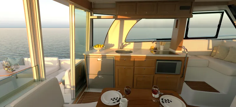 Slide: The Image of Luxurious interior of 2026 Back Cove 412 yacht with ocean view and elegant dining setup. - 10