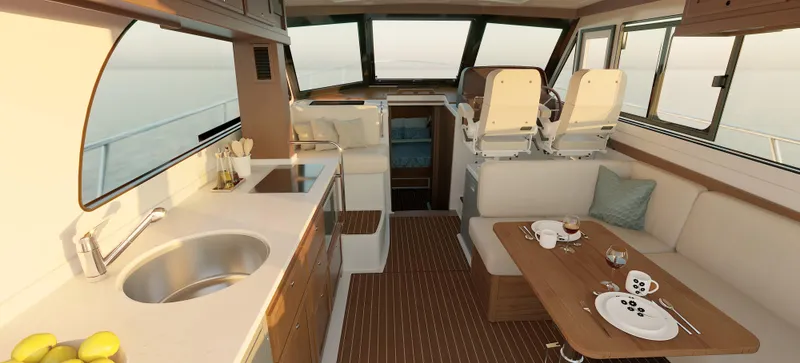 Slide: The Image of Interior of 2026 Back Cove 412 yacht with modern kitchen and seating area. - 11