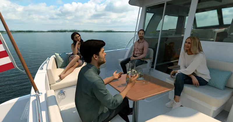 Slide: The Image of People enjoying a conversation on a 2026 Back Cove 412 boat, with a scenic water view. - 7