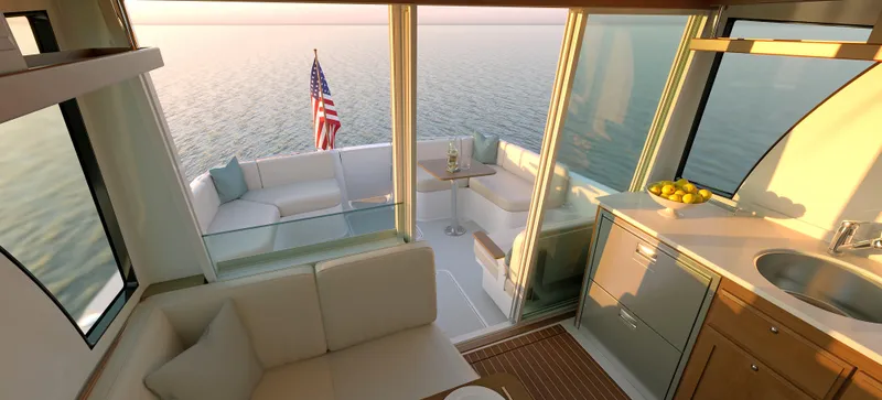 Slide: The Image of Luxurious interior of 2026 Back Cove 412 yacht with ocean view and American flag. - 9