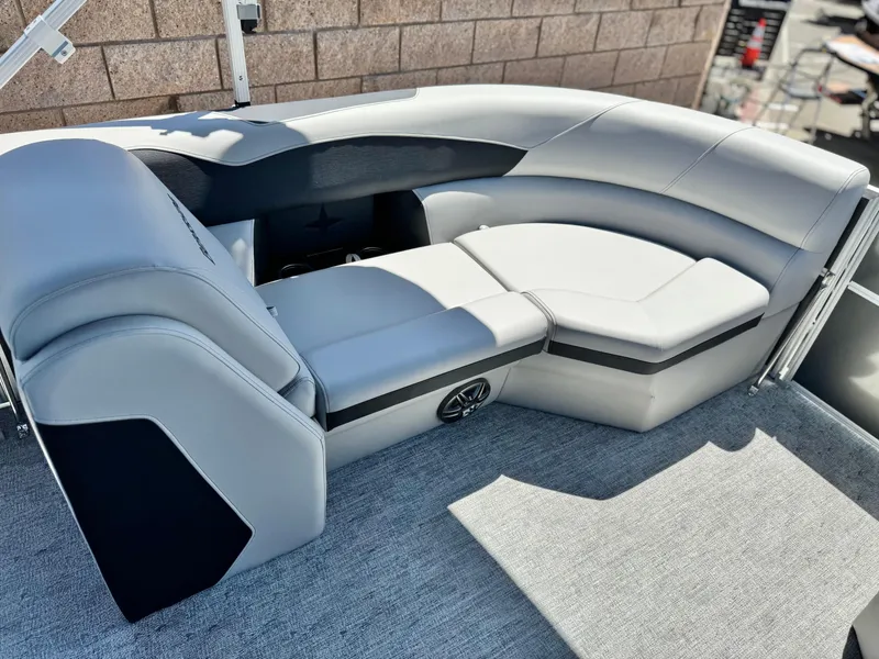 Slide: The Image of 2025 Berkshire 22RFX LE boat interior with sleek gray seating and modern design. - 10