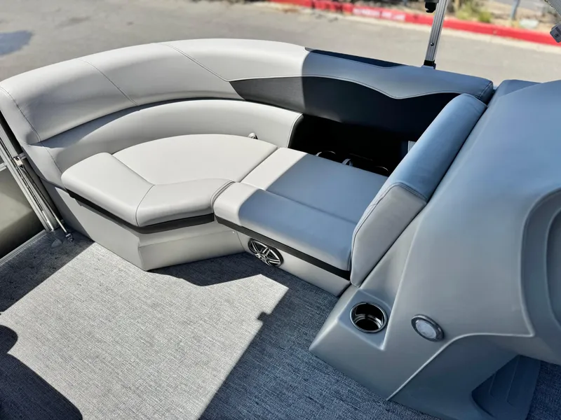 Slide: The Image of 2025 Berkshire 22RFX LE boat interior with sleek gray seating and modern design. - 11