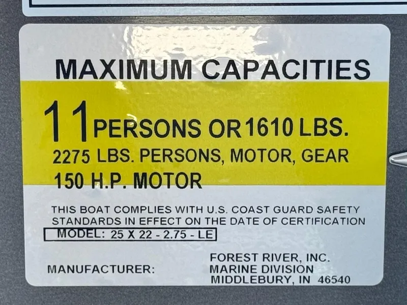 Slide: The Image of Maximum capacity label for 2025 Berkshire 22RFX LE boat, 11 persons or 1610 lbs, 150 HP motor. - 25