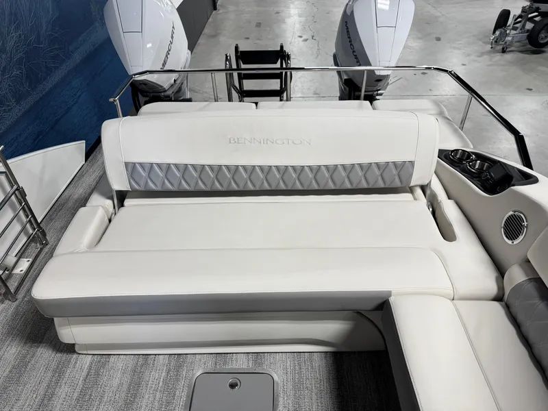 Slide: The Image of Luxury seating on 2026 Bennington 27 RXSBAT2 boat with dual Mercury engines. - 15