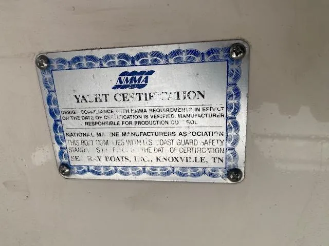 Slide: The Image of Yacht certification plaque on 1989 Sea Ray Sundancer 280, verifying compliance with safety standards. - 33