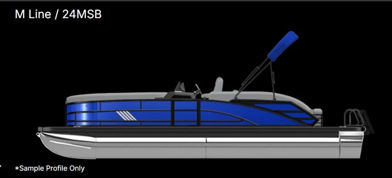 Slide: The Image of 2026 Bennington 24 MSB pontoon boat, blue and gray design, side profile view. - 16
