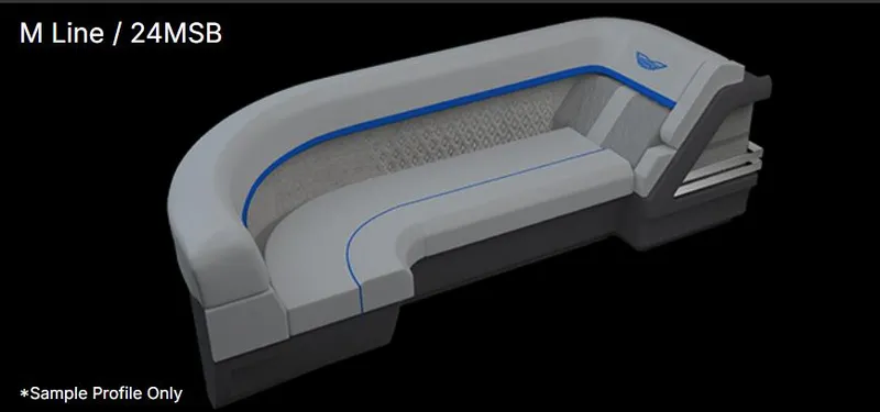 Slide: The Image of 2026 Bennington 24 MSB boat seating, gray with blue accents, M Line design. - 17