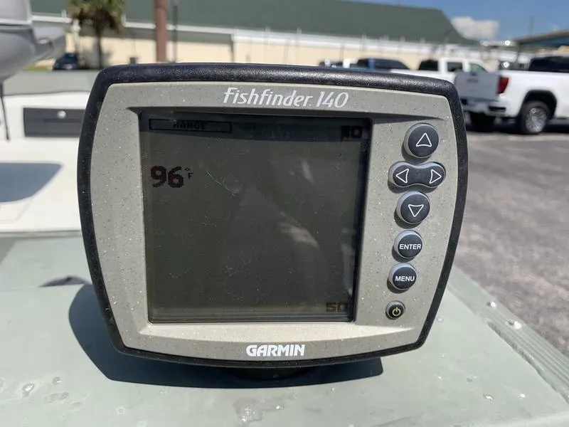 Slide: The Image of Garmin Fishfinder 140 on a 2007 Triton 1756S boat, displaying 96°F temperature. - 12