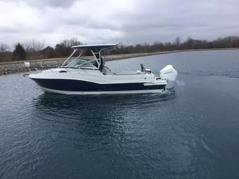 The Image of 2024 Finseeker 240 WA boat cruising on a calm lake under cloudy skies. - 1