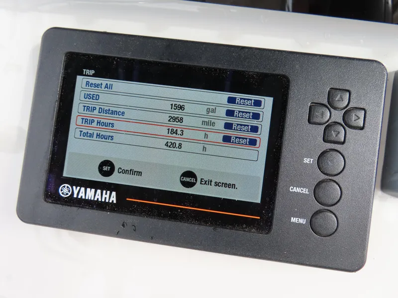 Slide: The Image of Yamaha display showing trip data on Parker 2300 Special Edition, 2021 model. - 19