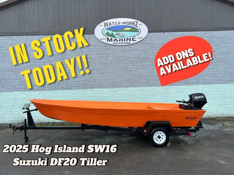 The Image of Orange 2024 Hog Island SW16 boat with Suzuki DF20 Tiller, in stock at Water Workz Marine. - 1