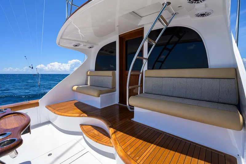 Slide: The Image of Luxurious 2022 F&S 58 Custom Carolina yacht with elegant seating and ocean view. - 7