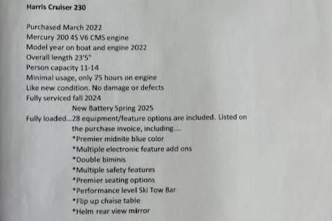 Slide: The Image of 2022 Harris Cruiser 230 features list with specifications and equipment options. - 19