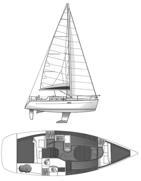 Slide: The Image of 2008 Beneteau 323 sailboat diagram with interior layout and sail plan. - 9