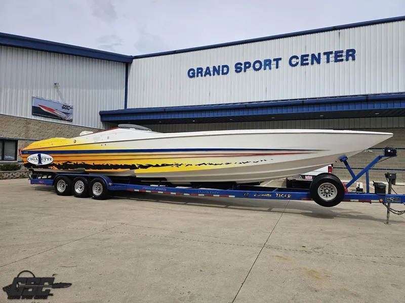 Slide: The Image of 2001 Cigarette 42 Tiger boat on trailer at Grand Sport Center. - 15