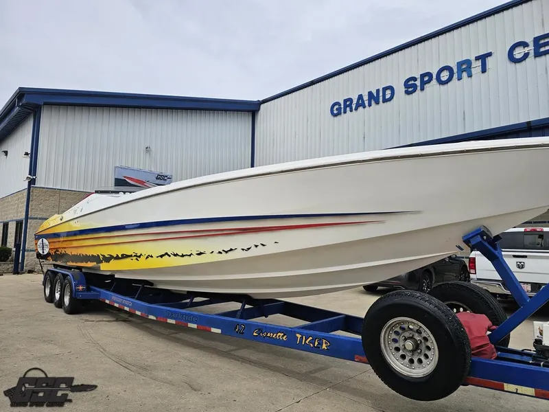 Slide: The Image of 2001 Cigarette 42 Tiger boat on trailer at Grand Sport Center. - 16