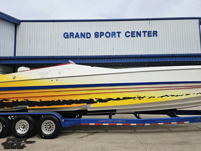 Slide: The Image of 2001 Cigarette 42 Tiger boat on trailer at Grand Sport Center. - 3