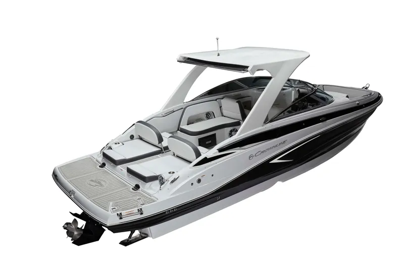Slide: The Image of 2024 Crownline E305 boat with sleek design and spacious seating. - 4