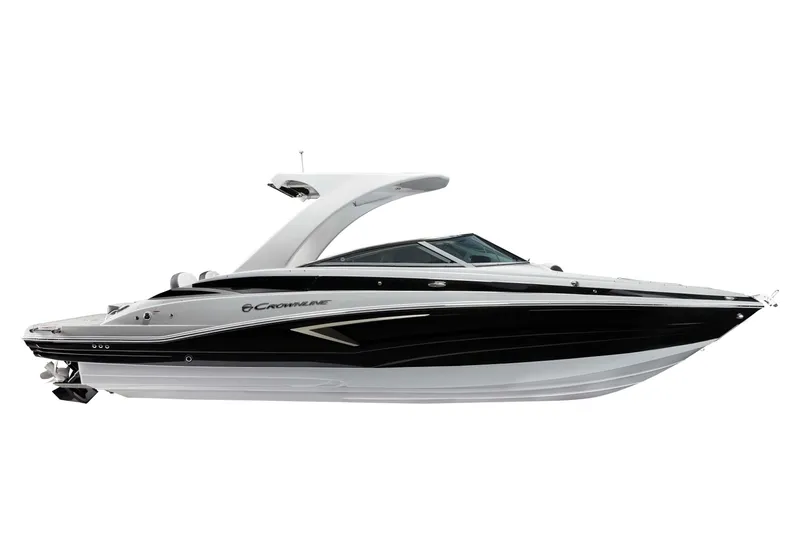 Slide: The Image of 2024 Crownline E305 boat, sleek black and white design, side view. - 5