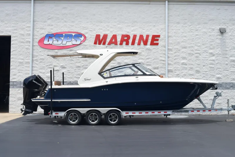 Slide: The Image of 2023 Scout 277 Dorado boat on trailer at GSPS Marine dealership. - 1
