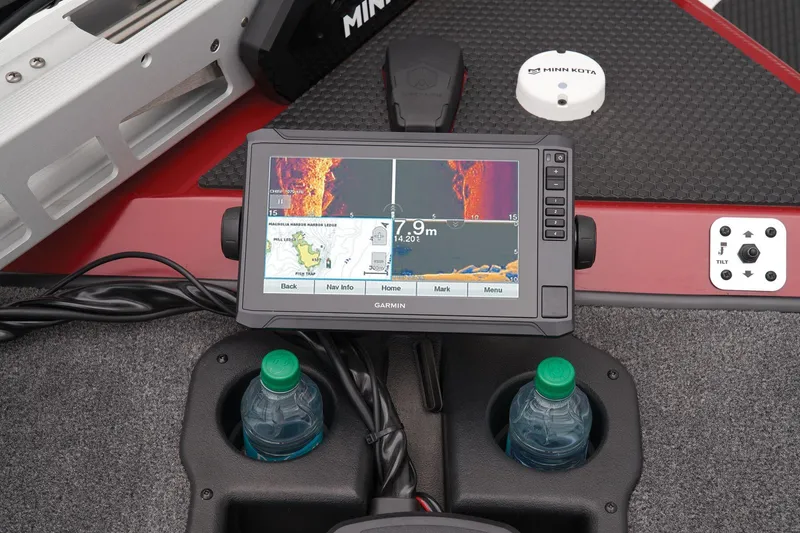 Slide: The Image of Fishfinder display on 2025 Tracker Savage 215 boat dashboard with cup holders. - 30