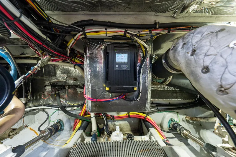 Slide: The Image of Engine room of 2004 Meridian 459 Motor Yacht with wiring and equipment. - 40