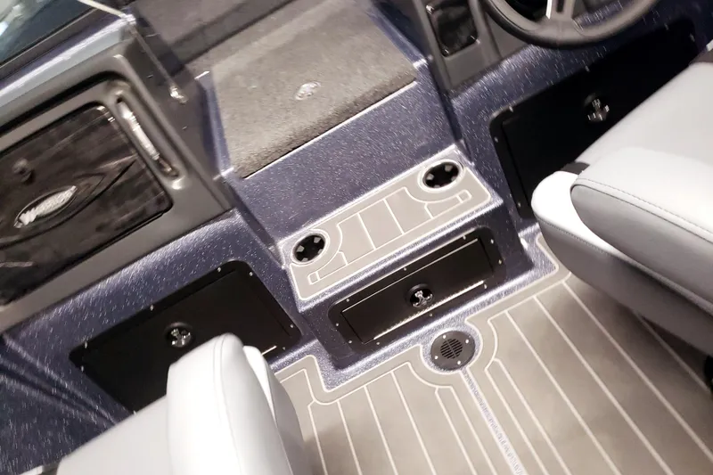 Slide: The Image of 2025 Warrior V238 boat with Mercury engine on trailer in garage. - 3