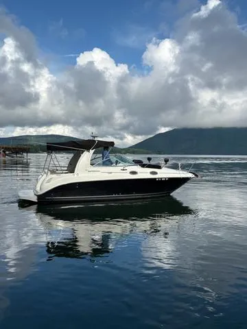 Slide: The Image of 2004 Sea Ray 260 Sundancer boat on calm water with cloudy sky backdrop. - 1