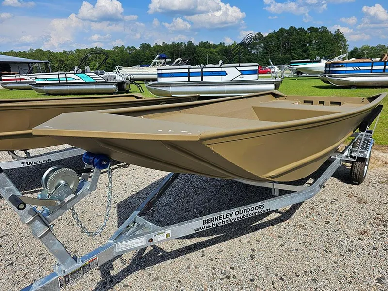 Slide: The Image of 2025 G3 Gator Tough 1548 VBW boat on trailer, outdoor display. - 11
