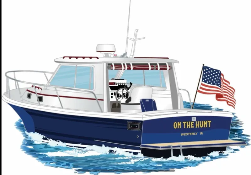 Slide: The Image of 2000 Hunt Yachts 29 boat with American flag, named "On The Hunt," in water. - 41