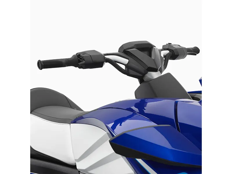 Slide: The Image of 2024 Yamaha Boats GP SVHO jet ski handlebars and seat, featuring sleek blue and white design. - 13