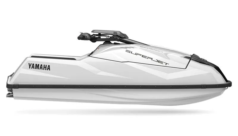 Slide: The Image of 2025 Yamaha Boats SUPERJET, sleek white design, side view. - 14