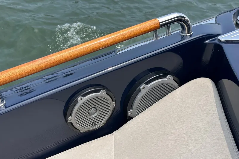 Slide: The Image of Luxury Riva 44 RivaRama yacht detail with speakers and wooden railing, 2006 model. - 18