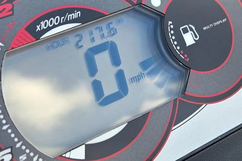 Slide: The Image of Close-up of 2005 Yamaha WaveRunner FX Cruiser HO dashboard display showing 217.6 hours and 0 mph. - 5