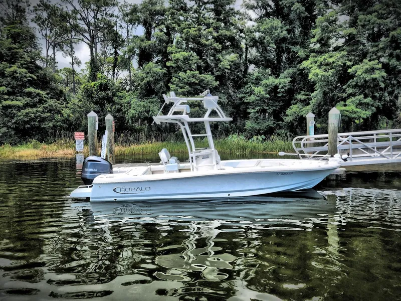 Slide: The Image of 2020 Robalo 246 Cayman boat docked on calm water with lush greenery background. - 5