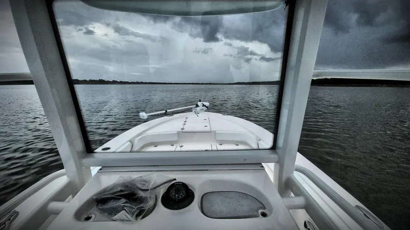 Slide: The Image of 2020 Robalo 246 Cayman boat on calm waters under cloudy skies. - 7