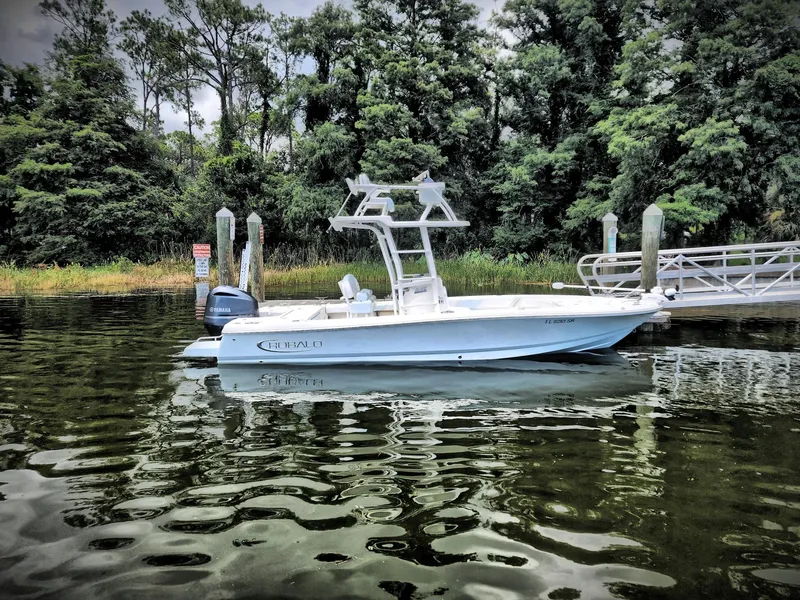 Slide: The Image of 2020 Robalo 246 Cayman boat docked on calm water, surrounded by lush greenery. - 9