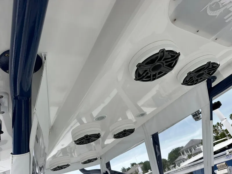 Slide: The Image of 2013 SeaHunter 35 Tournament boat speakers and canopy detail. - 23
