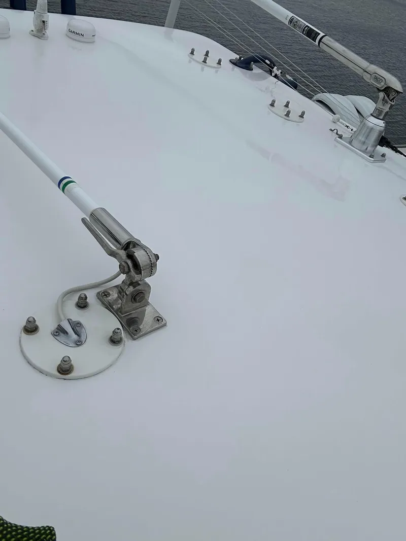 Slide: The Image of 2013 SeaHunter 35 Tournament boat deck with stainless steel fittings and railing. - 26