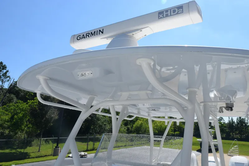 Slide: The Image of 2022 Yellowfin 34 Offshore boat with Garmin xHD2 radar on top. - 20