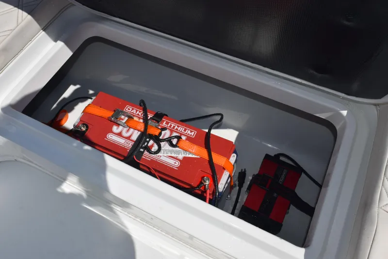 Slide: The Image of Battery compartment of 2022 Yellowfin 34 Offshore boat with lithium battery setup. - 21