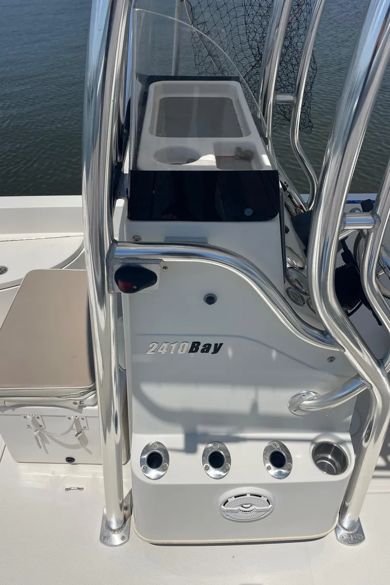 Slide: The Image of 2012 Ranger 2410 Bay Ranger boat console with stainless steel railings. - 11