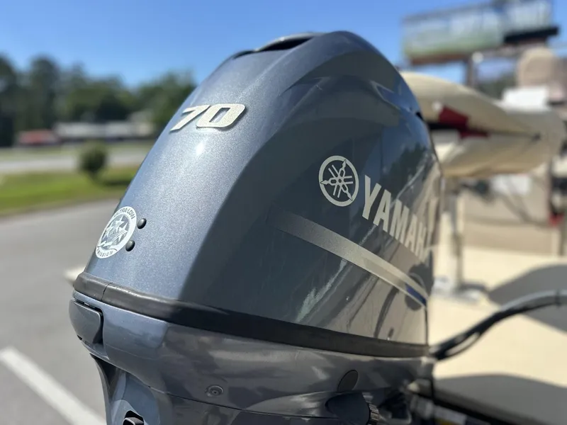 Slide: The Image of Yamaha 70 outboard motor on 2020 G3 Bay 18 boat, close-up view. - 17