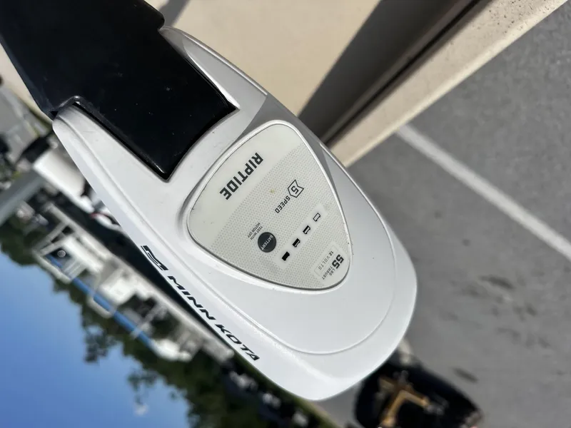 Slide: The Image of Close-up of a Minn Kota Riptide motor on a 2020 G3 Bay 18 boat. - 6