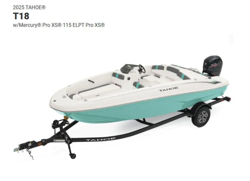 Slide: The Image of 2025 Tahoe T18 boat with Mercury Pro XS 115 ELPT engine on trailer. - 1