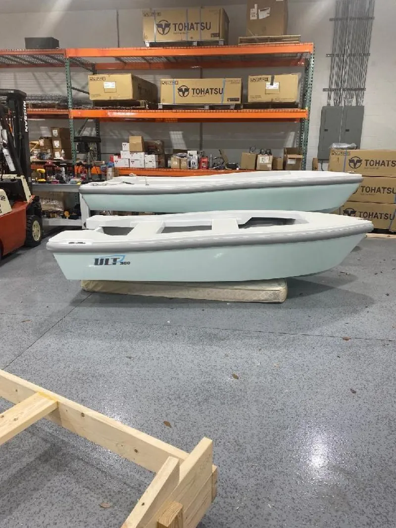 Slide: The Image of 2024 Ultra Lite Tenders ULT 300 boat displayed in a warehouse setting. - 2