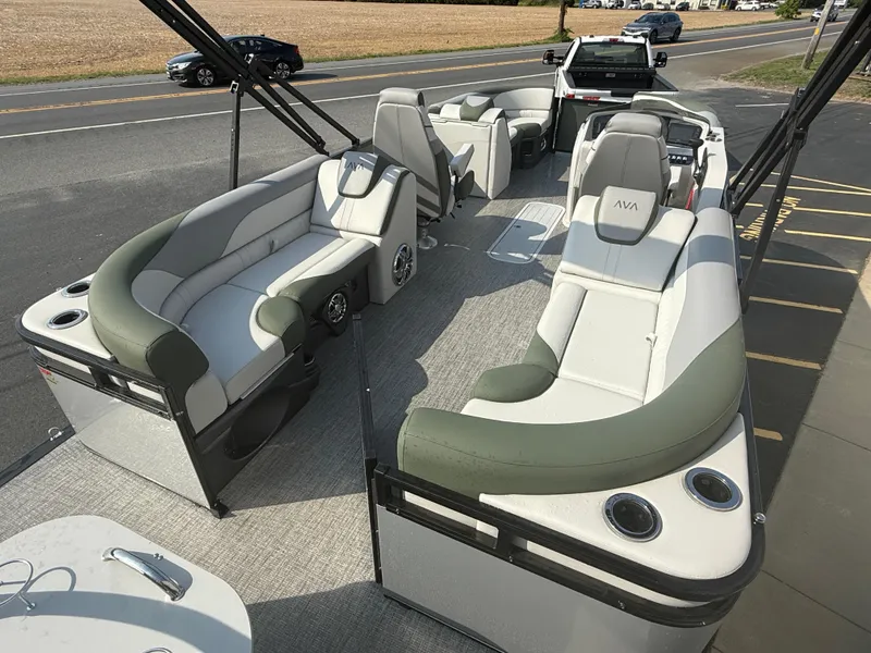 Slide: The Image of 2025 Avalon 2385 LSZ Quad Lounger Tri Toon boat with spacious seating and modern design. - 8